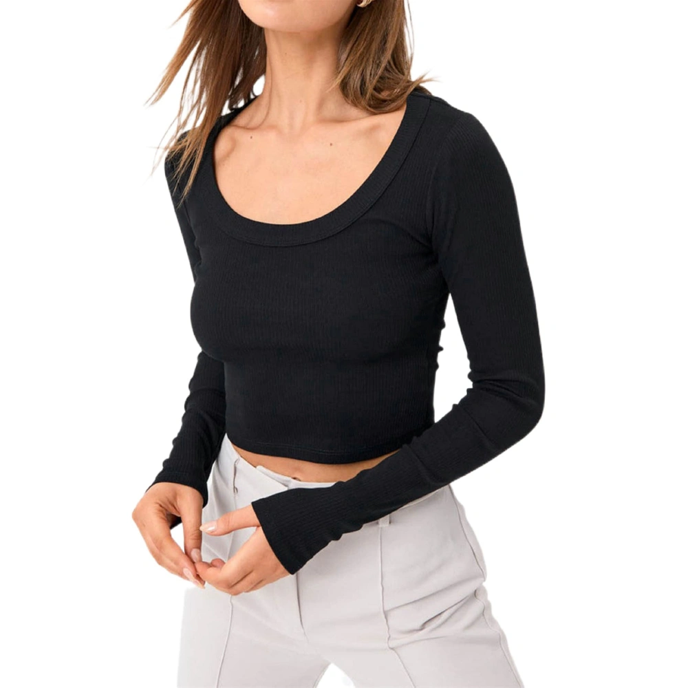 Women Long Sleeves Top Round Collar Short Type Pure Color Ribbed Slim Fitted Blouse Black M