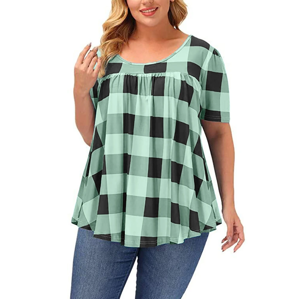 Short Sleeve Crewneck Top Women Fashionable Loose Casual Gingham Pleated Shirt Blouse for Dating Party Light Green XL