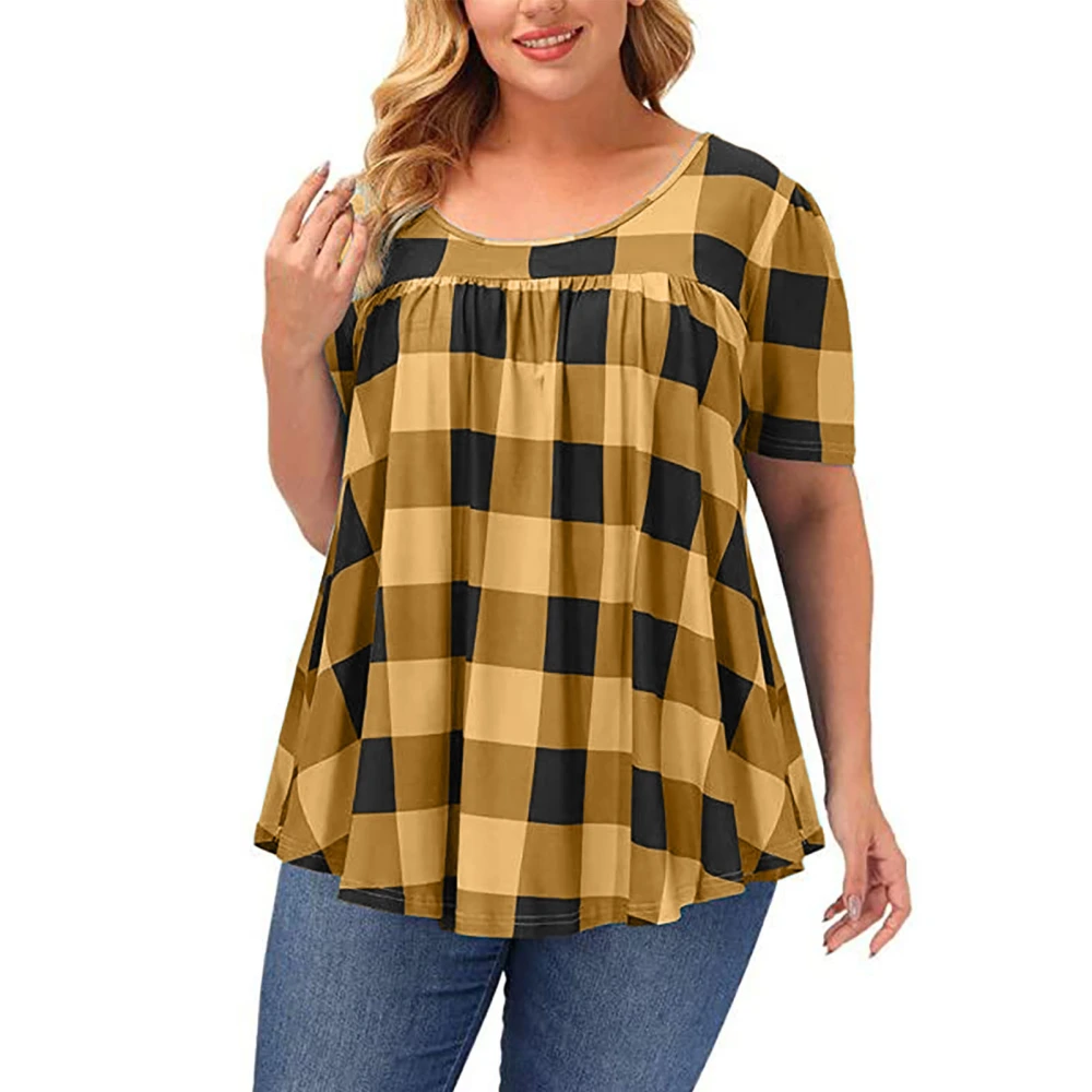 Short Sleeve Crewneck Top Women Fashionable Loose Casual Gingham Pleated Shirt Blouse for Dating Party Yellow 5XL