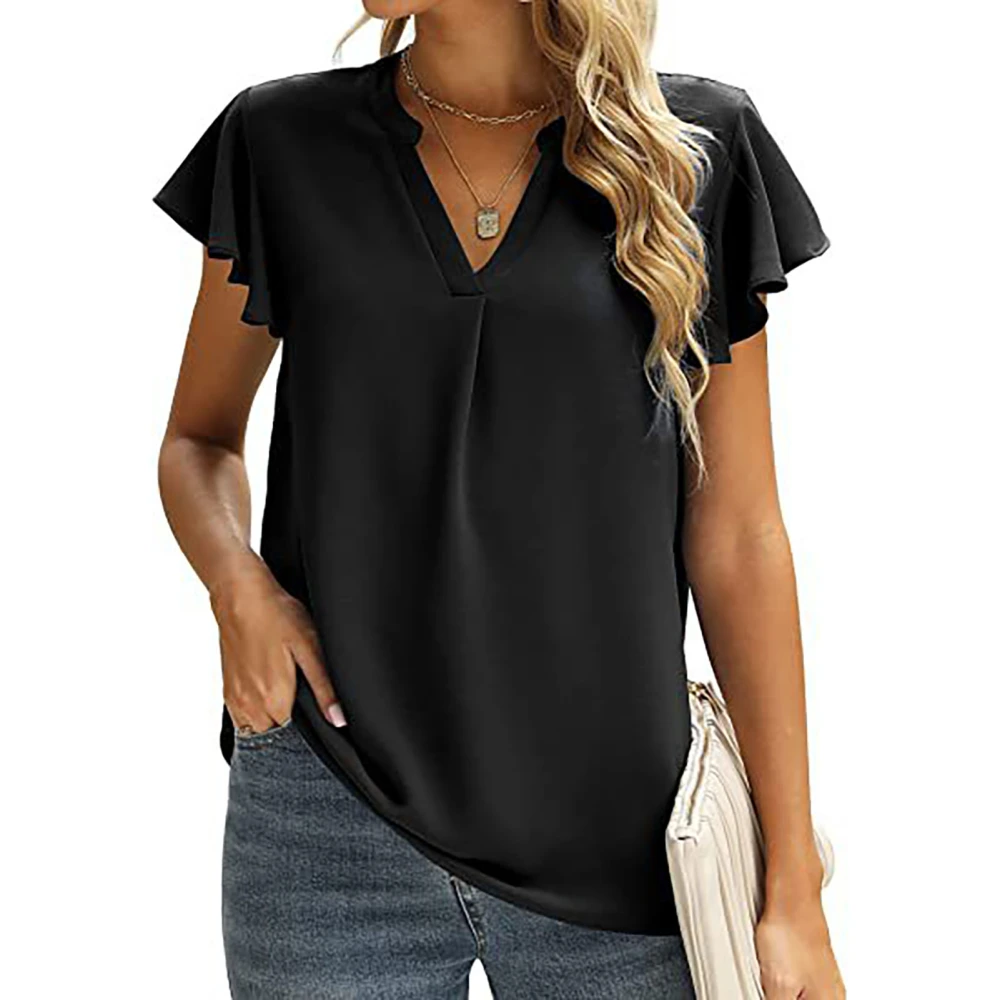 Women Cap Sleeve Blouse Top Fashionable Elegant Loose Casual Pure Color V Neck Shirt for Shopping Black L