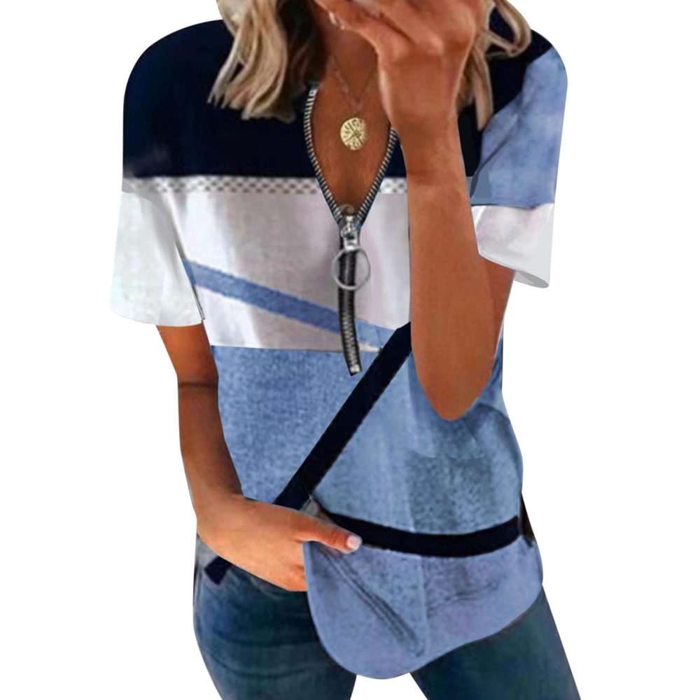 Women Short Sleeve Pullover Tops Summer Fashionable Casual Loose Contrast Color Print Zipper Women Short Sleeve Blouse Blue M