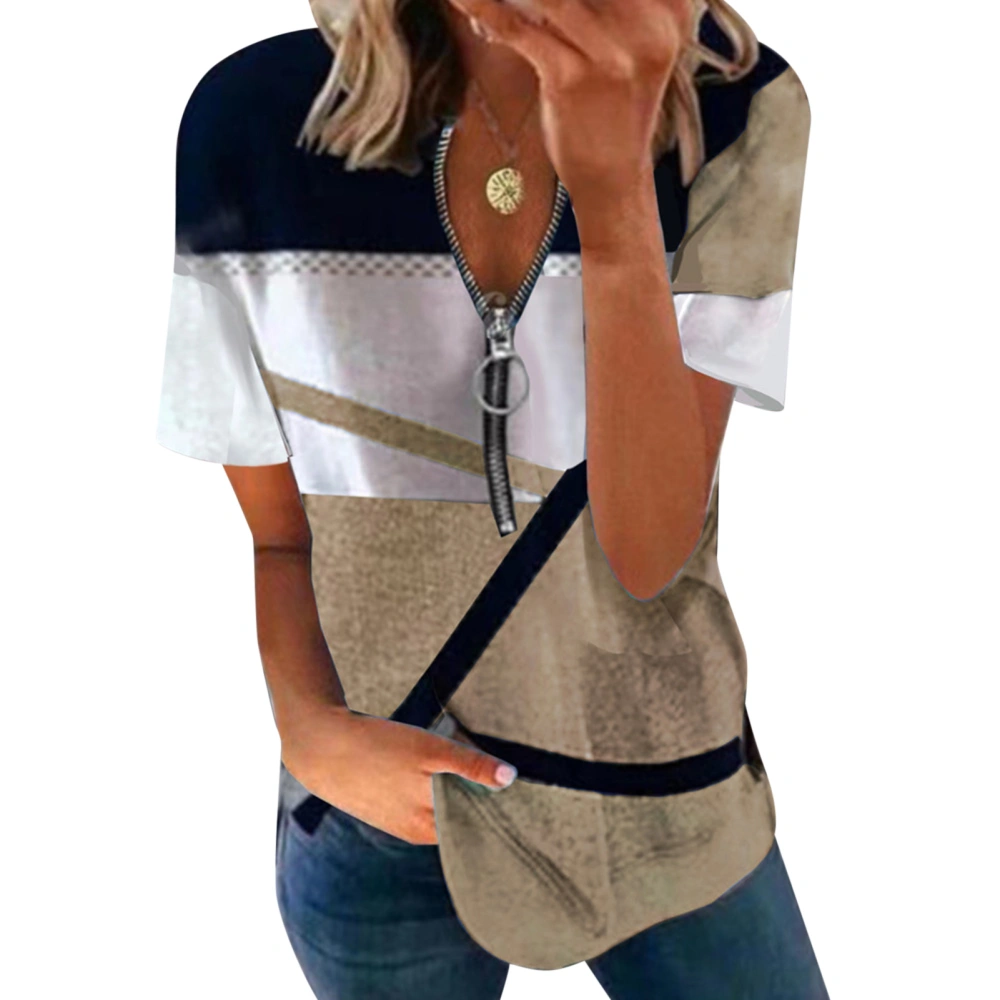 Women Short Sleeve Pullover Tops Summer Fashionable Casual Loose Contrast Color Print Zipper Women Short Sleeve Blouse Khaki L