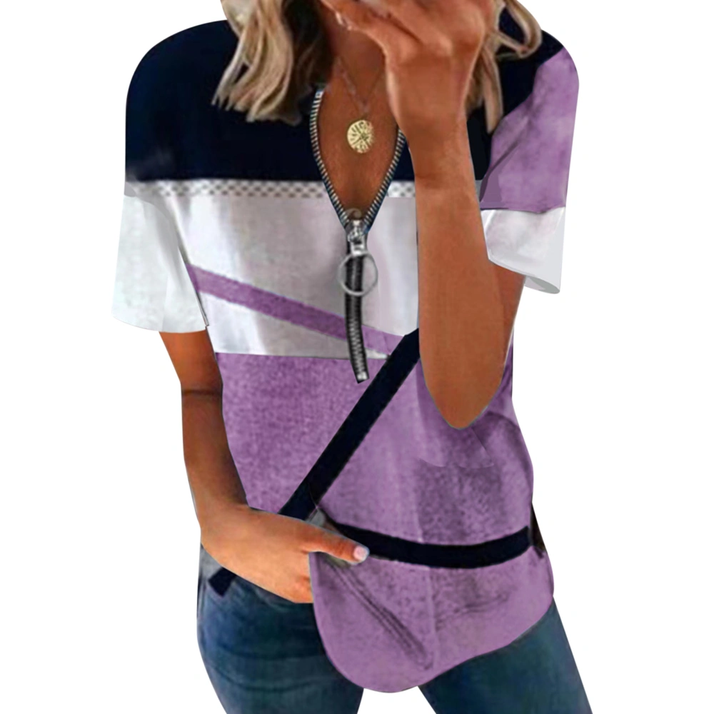 Women Short Sleeve Pullover Tops Summer Fashionable Casual Loose Contrast Color Print Zipper Women Short Sleeve Blouse Purple XL