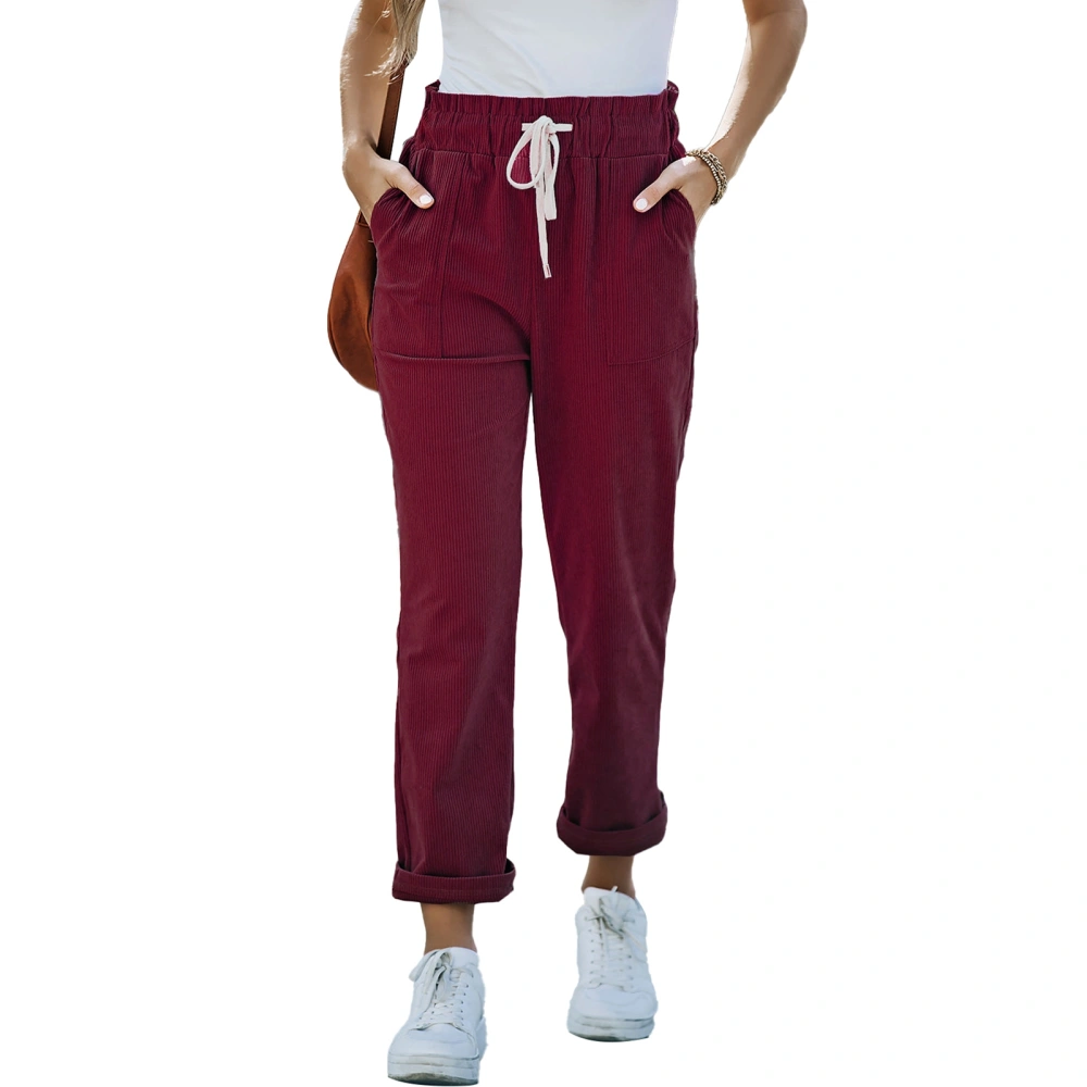 Straight Leg Pants Polyetser Casual Breathable Drawstring Waist Trousers for Women Girls Wine Red L