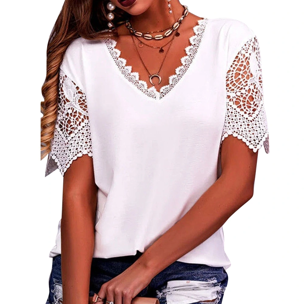 Women Short Sleeve Top V Neck Lace Trim Pure Color Loose Fit Casual Blouse for Everyday Wear White L