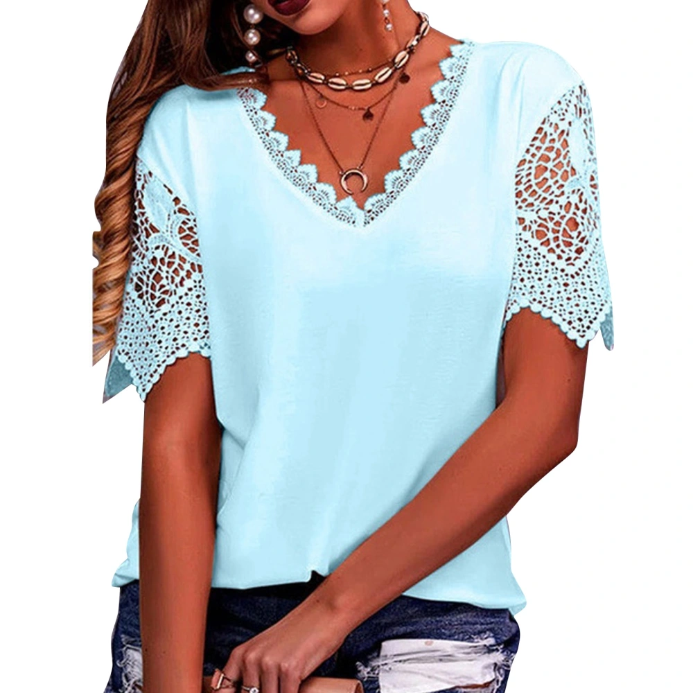 Women Short Sleeve Top V Neck Lace Trim Pure Color Loose Fit Casual Blouse for Everyday Wear Light Blue M