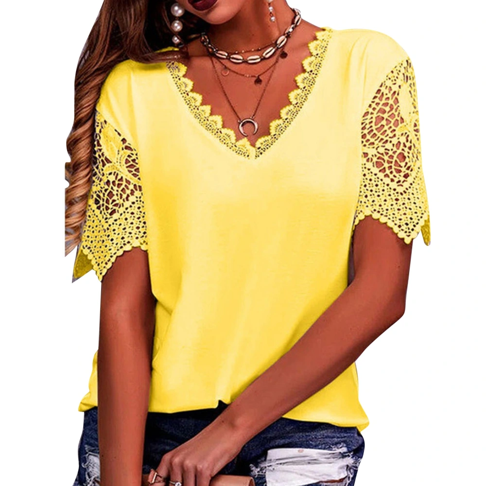 Women Short Sleeve Top V Neck Lace Trim Pure Color Loose Fit Casual Blouse for Everyday Wear Yellow XL