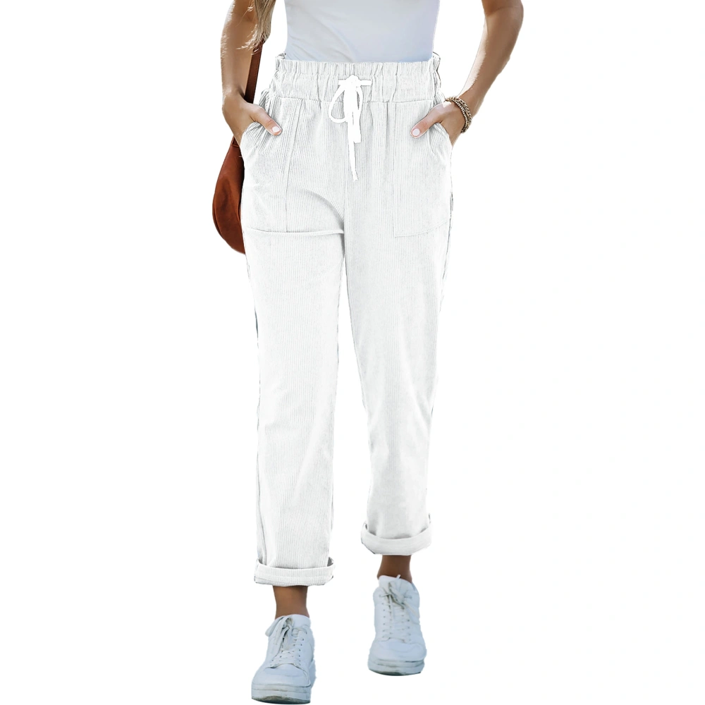 Straight Leg Pants Polyetser Casual Breathable Drawstring Waist Trousers for Women Girls White M