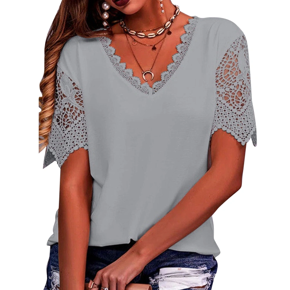 Women Short Sleeve Top V Neck Lace Trim Pure Color Loose Fit Casual Blouse for Everyday Wear Grey S