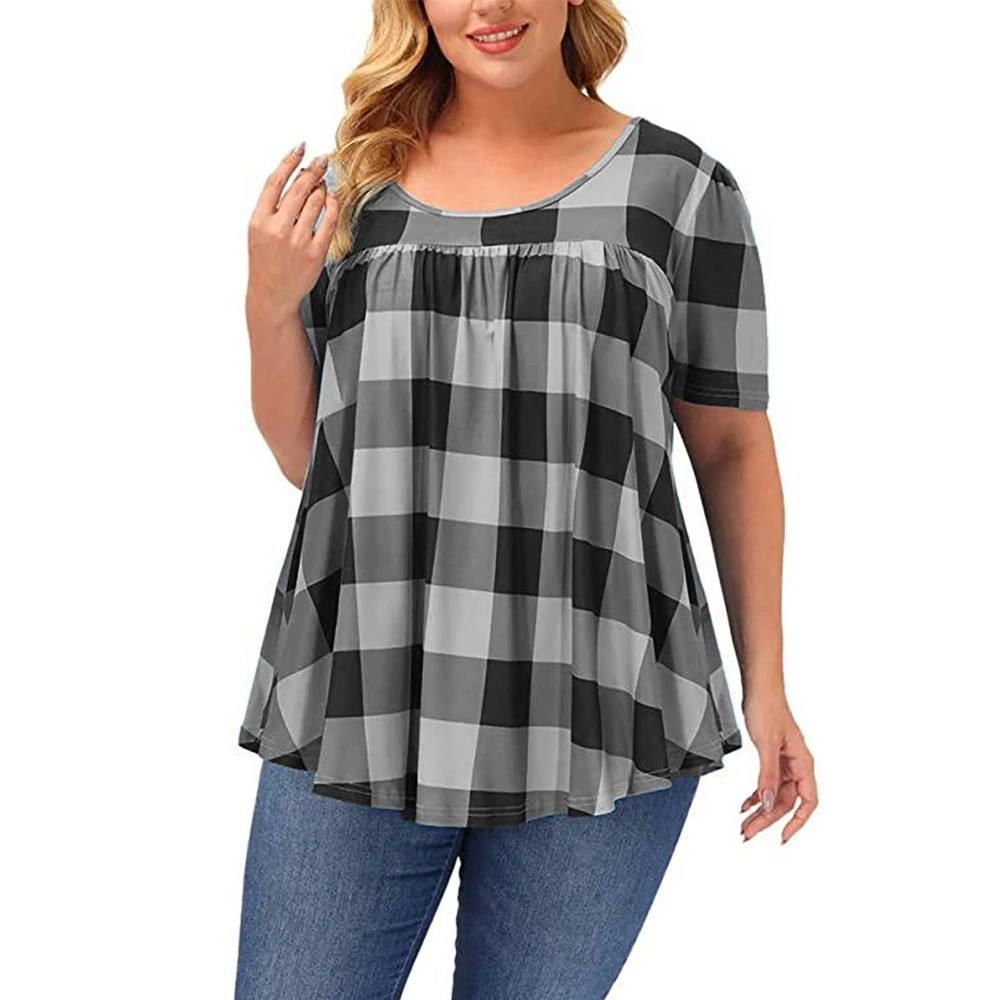 Short Sleeve Crewneck Top Women Fashionable Loose Casual Gingham Pleated Shirt Blouse for Dating Party Light Grey XL