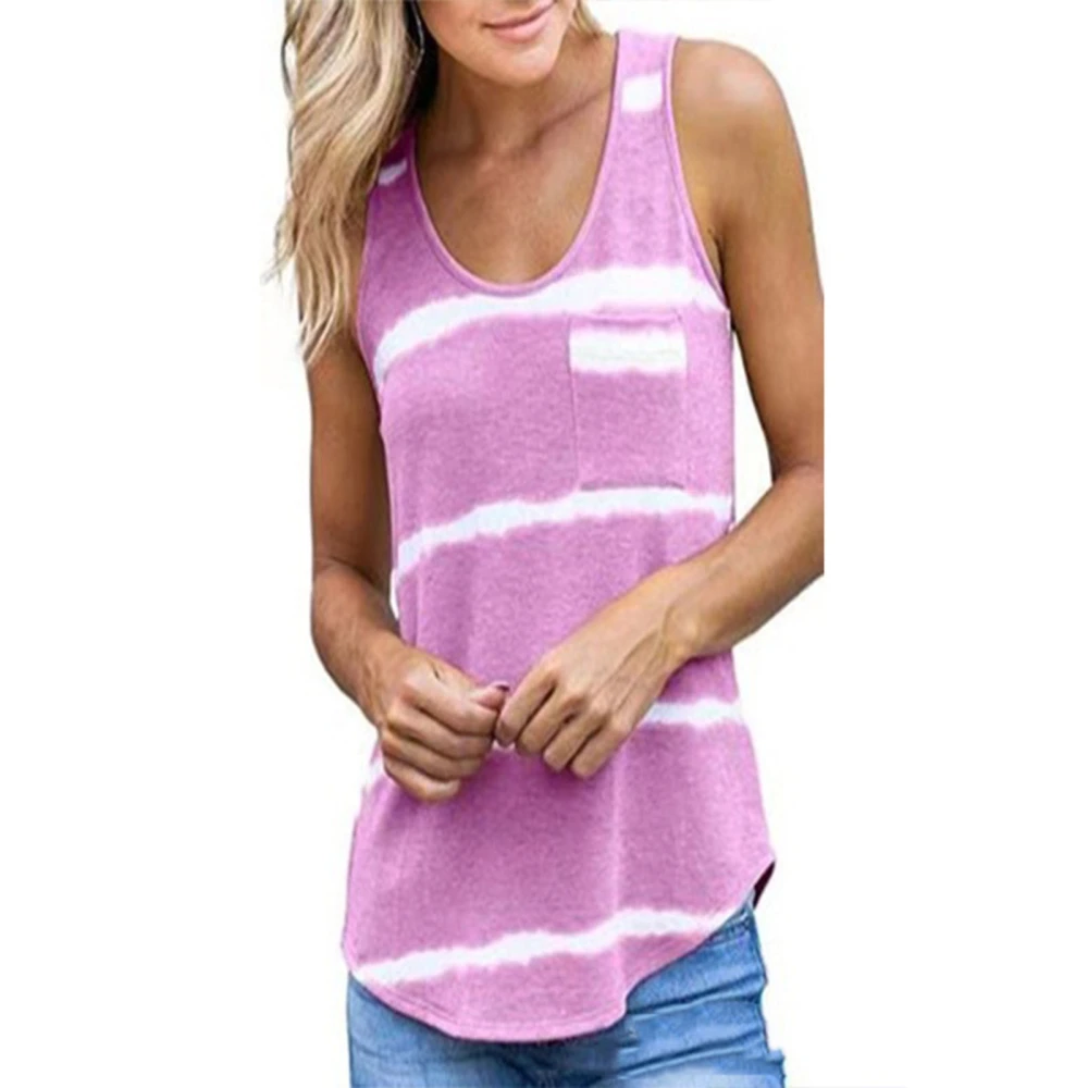 Women Tank Top Sleeveless Round Neck Striped Chest Pocket Casual Cool Summer T Shirt for Leisure Grape Purple S