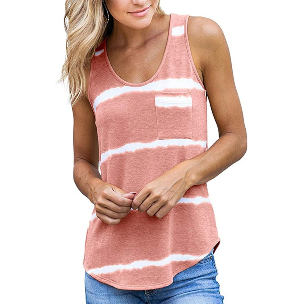 Women Tank Top Sleeveless Round Neck Striped Chest Pocket Casual Cool Summer T Shirt for Leisure Incarnadine Pink L