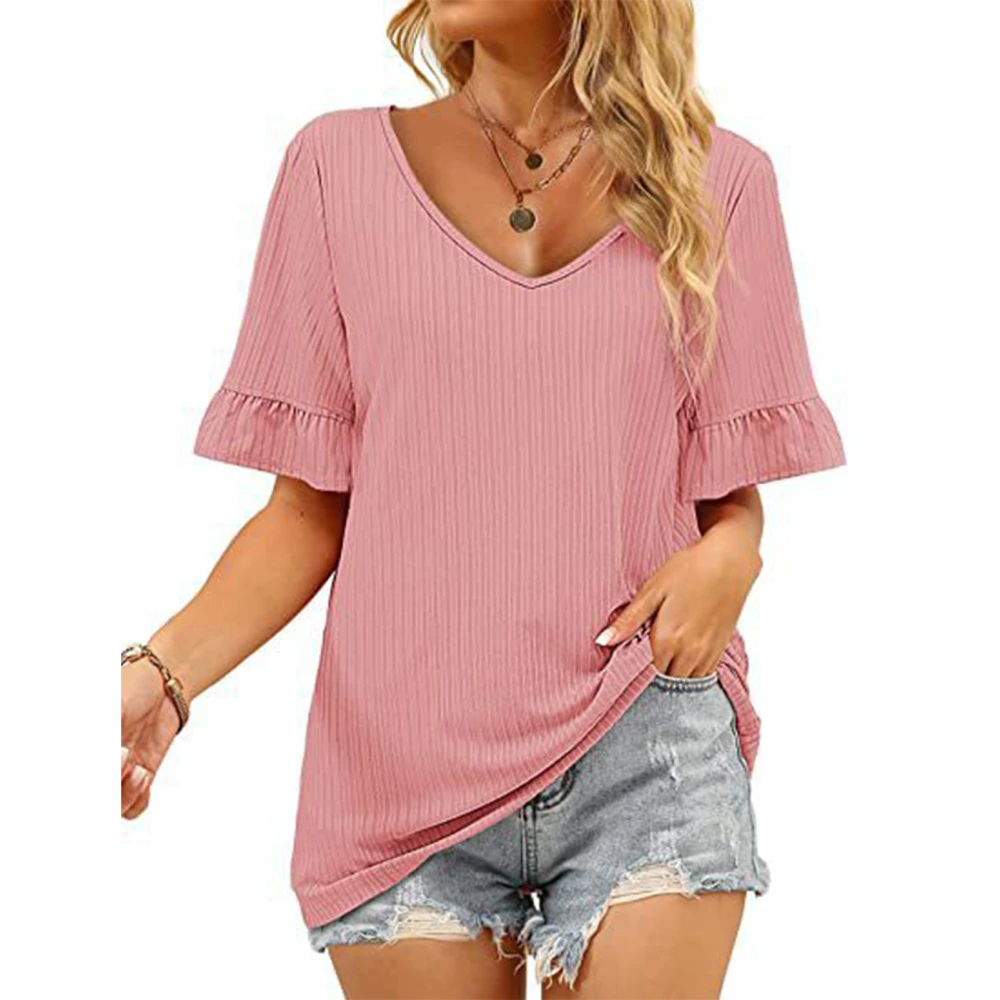 Women V Neck Tops Pure Color Soft Skin Friendly Short Sleeve T Shirt for Dating Shopping Pink S