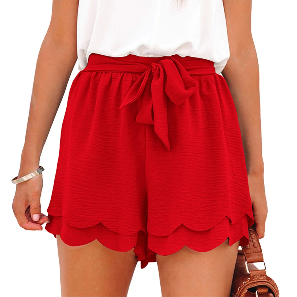 Woman High Waist Layered Shorts Lace Up Soild Color Ruffle Hem Wide Leg Casual Shorts for Summer Red S