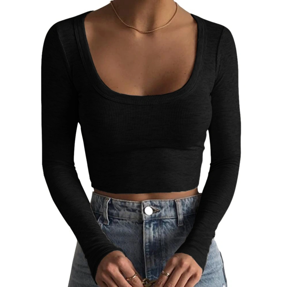 Women Long Sleeves Top Round Collar Short Type Pure Color Ribbed Slim Fitted Blouse Black L