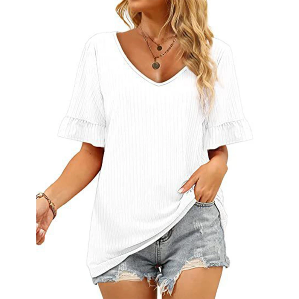 Women V Neck Tops Pure Color Soft Skin Friendly Short Sleeve T Shirt for Dating Shopping White S