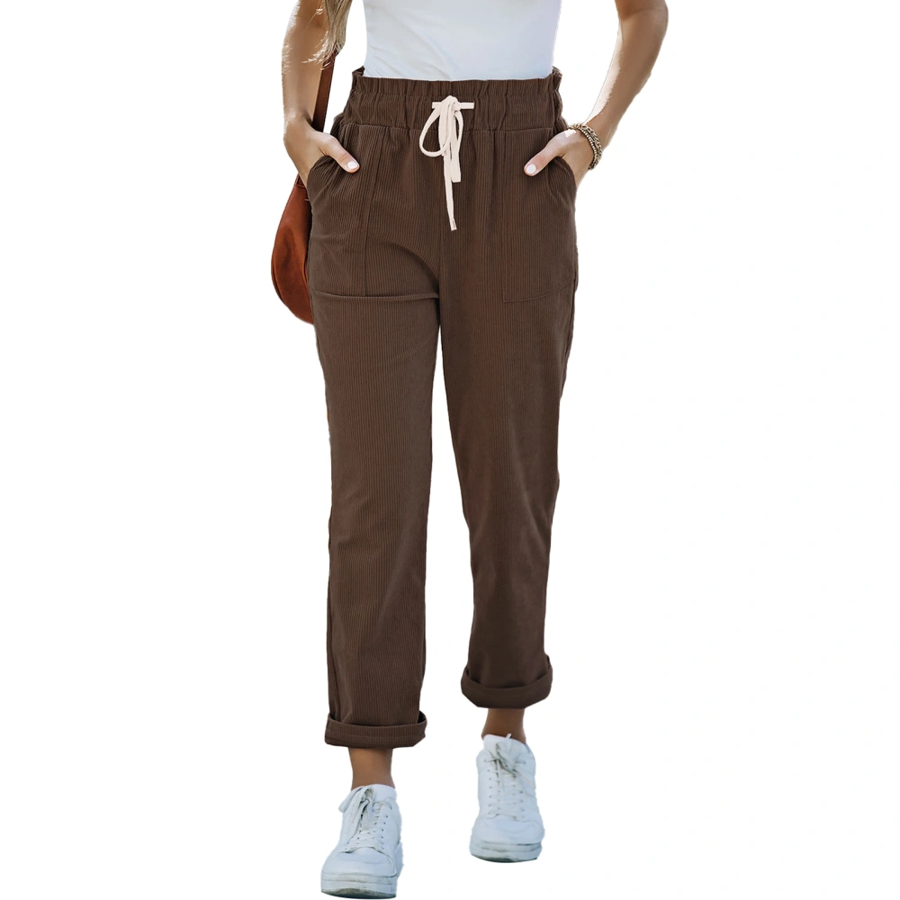 Straight Leg Pants Polyetser Casual Breathable Drawstring Waist Trousers for Women Girls Brown L