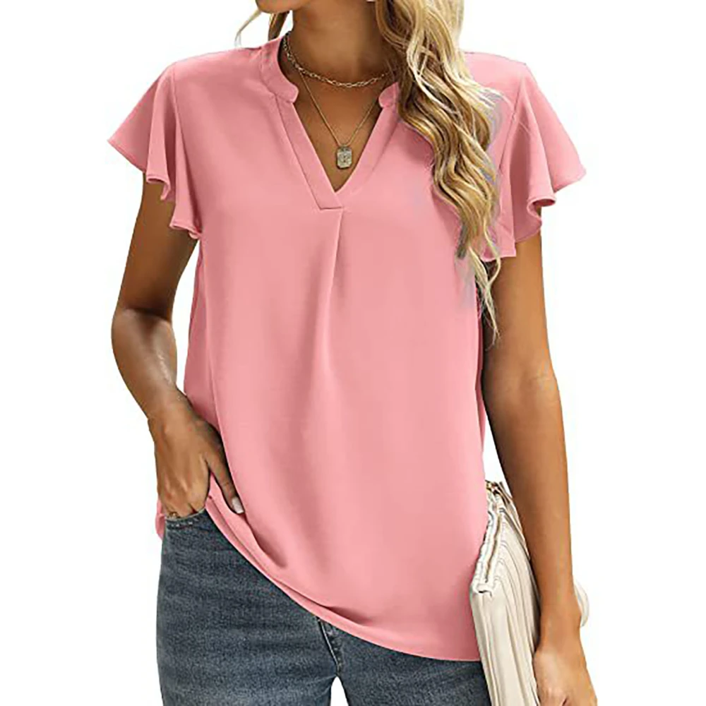 Women Cap Sleeve Blouse Top Fashionable Elegant Loose Casual Pure Color V Neck Shirt for Shopping Pink XL