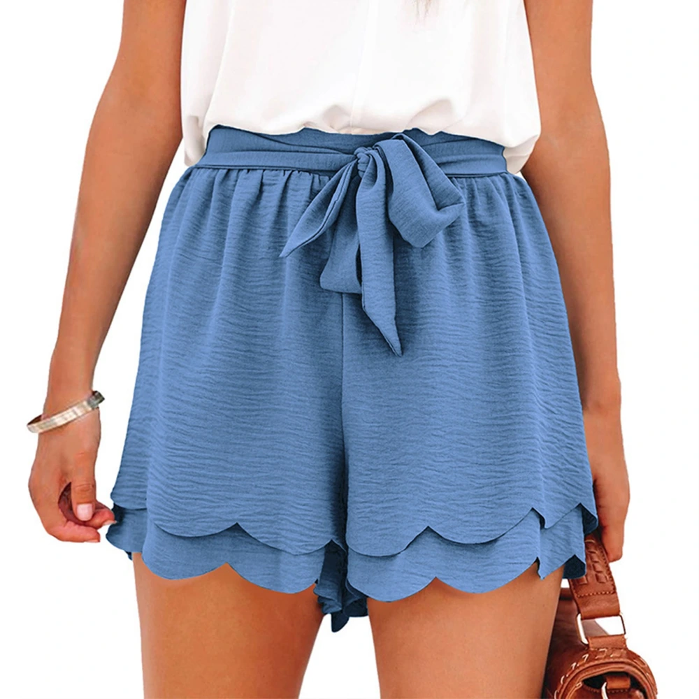 Woman High Waist Layered Shorts Lace Up Soild Color Ruffle Hem Wide Leg Casual Shorts for Summer Blue M