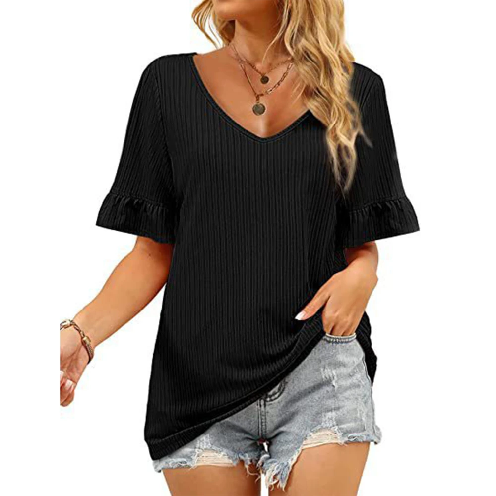 Women V Neck Tops Pure Color Soft Skin Friendly Short Sleeve T Shirt for Dating Shopping Black S