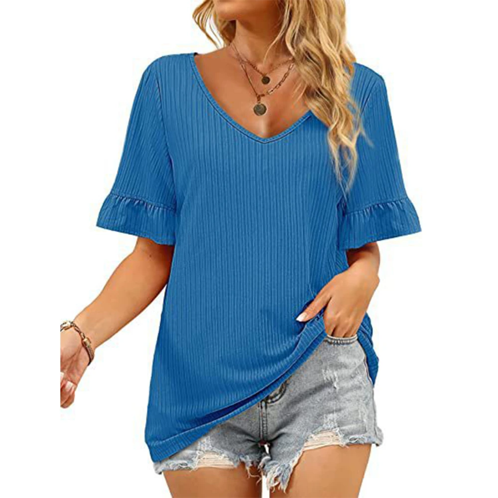 Women V Neck Tops Pure Color Soft Skin Friendly Short Sleeve T Shirt for Dating Shopping Blue XL