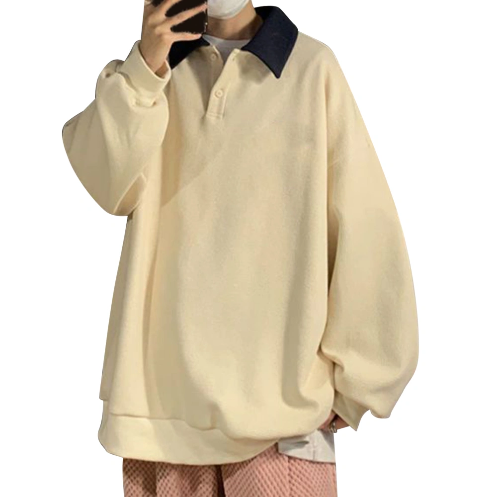 Long Sleeve Sweatshirt Button Up Turn Down Collar Loose Fit Casual Men Women Pullover Top for Autumn Winter Beige XL