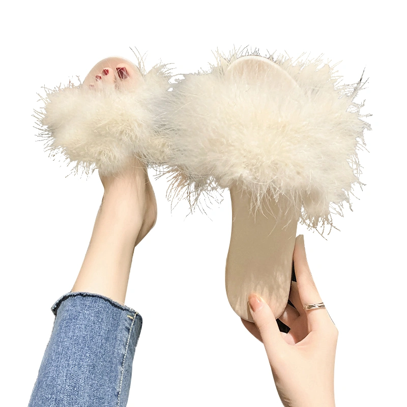 Women Summer Slippers Fluffy Furry Soft Plush Open Toes Stylish Outdoors Flats Slippers Beige 38