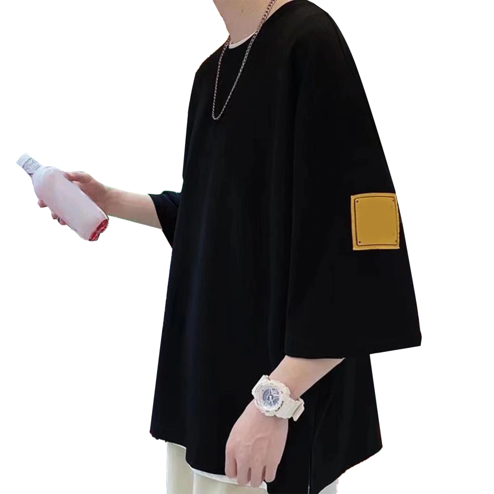 Men 3/4 Sleeve Shirt Crew Neck Loose Fitting Oversize Breathable Fashionable Summer Tee Top Black XXL