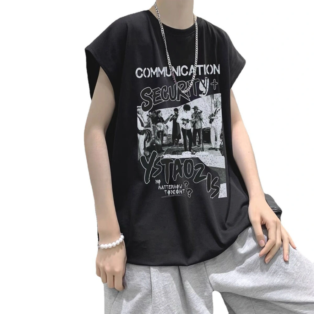 Men Short Sleeved Shirt Printed Round Neck Stretchy Male Oversized Shirt for Summer Sports Black 2XL