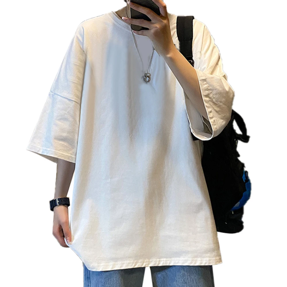 Men Letter Print T Shirt Half Sleeve Crew Neck Loose Fitting Summer Tee Top for Male White L