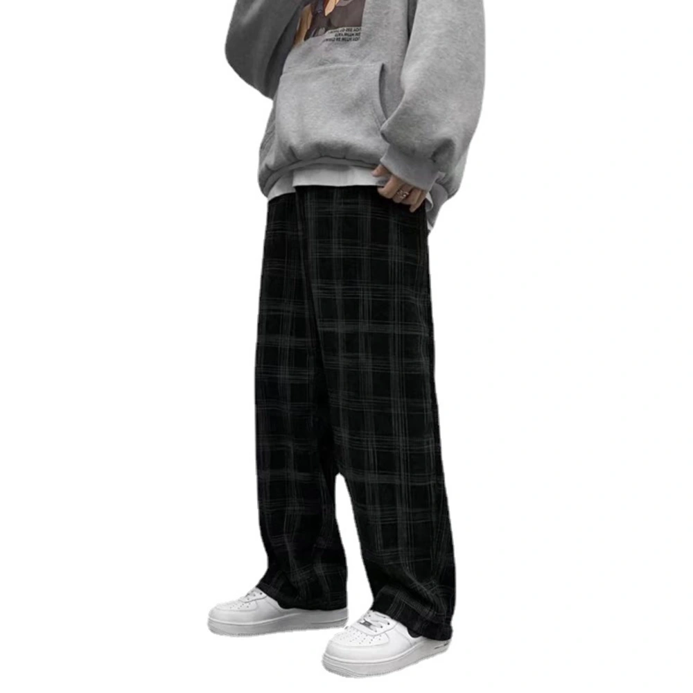 Loose Plaid Pants Men Retro Simple Casual Fashionable Straight Leg Pants for Holiday Party Black XL