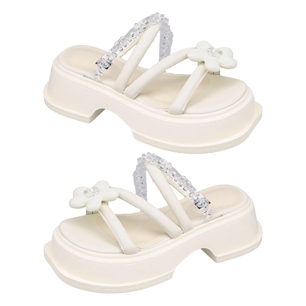 Women Platform Sandals Summer High Heeled Flatforms Women Casual Sandals with Flower Decoration for Outdoor Beige 36