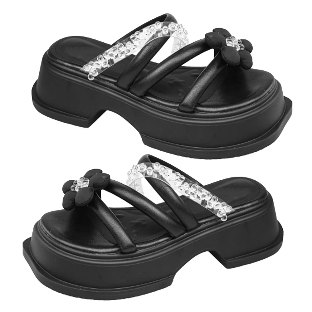 Women Platform Sandals Summer High Heeled Flatforms Women Casual Sandals with Flower Decoration for Outdoor Black 37