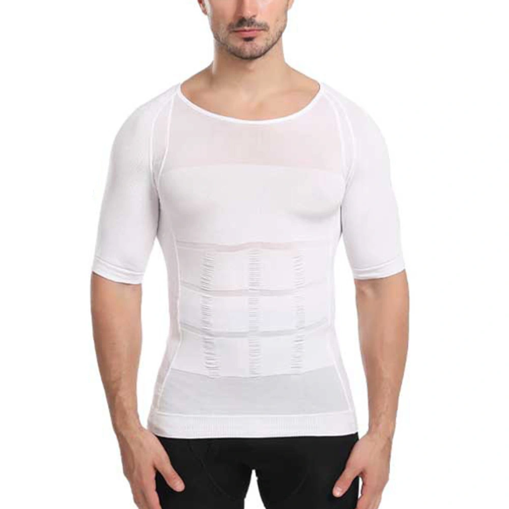 Men Body Shaping Slimming Shirt Crewneck Tummy Control Support Compression Short Sleeve Shapewear White XL