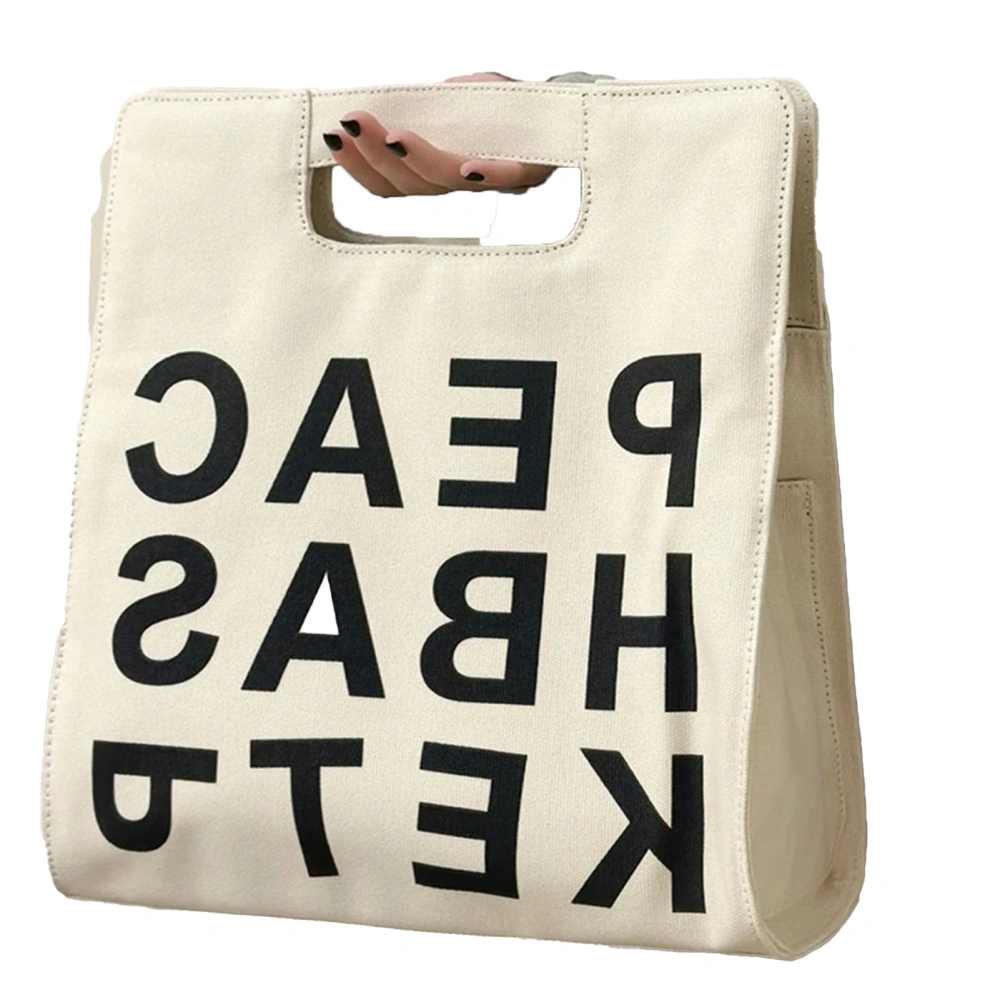 Students Canvas Bag Large Capacity Letters Printing Single Shoulder Strap Cloth Shopping Bag Beige Free Size