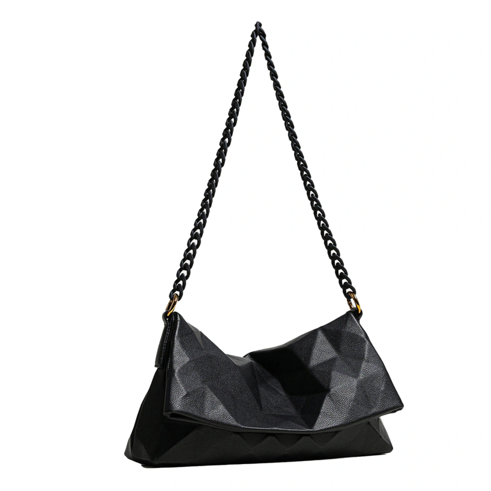 Women PU Leather Shoulder Bag Geometric Pattern Elegant Lightweight Soft Chain Hand Bag Black Free Size