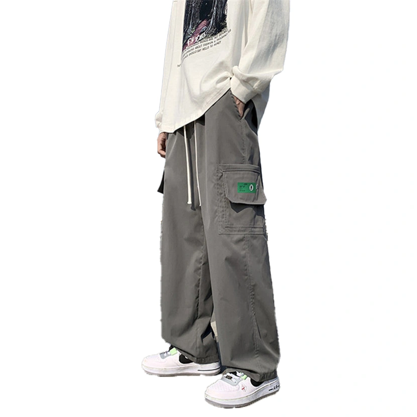 Men Wide Straight Leg Pants Casual Side Pockets Pure Color Drawstring Loose Fitting Trousers Grey L