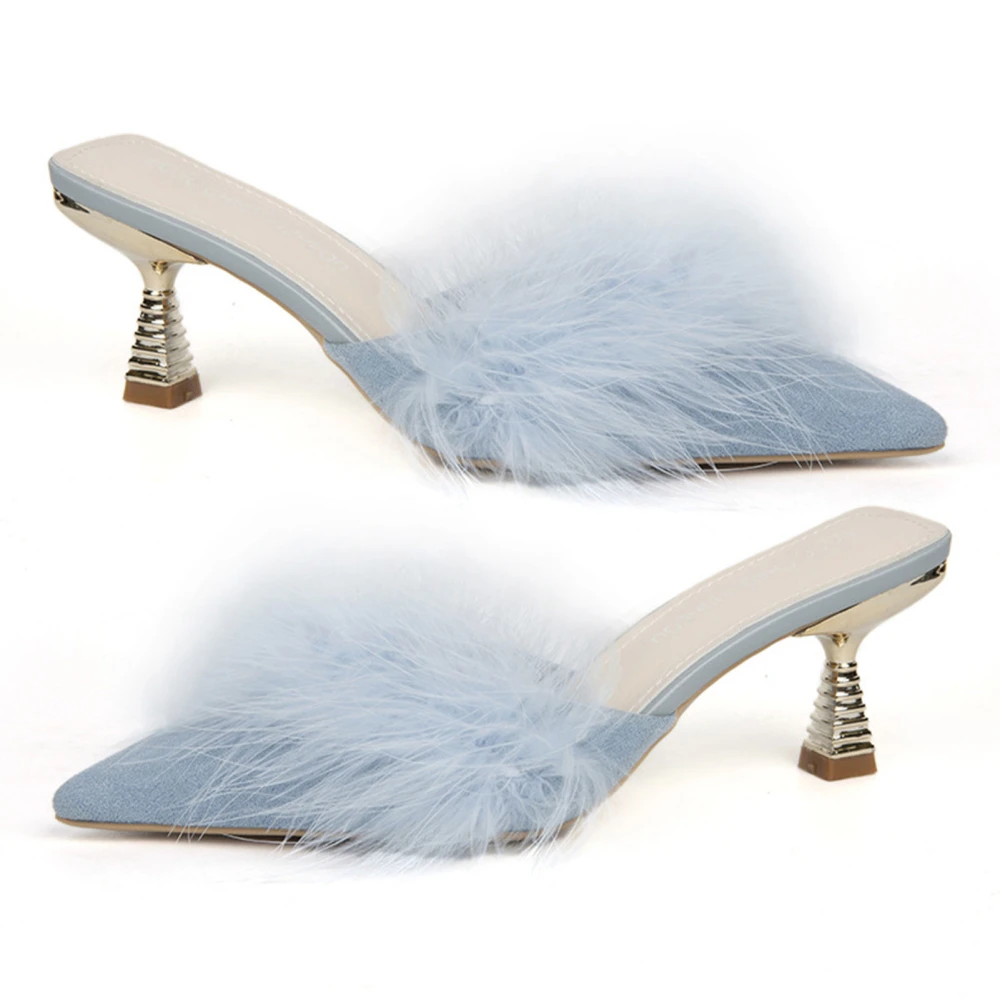 Woman Pointed Toe Heeled Slipper Fluffy Plush Slip On Low Heels Sandals Backless Slide Sandals Blue 37 Size 23.1-23.5cm