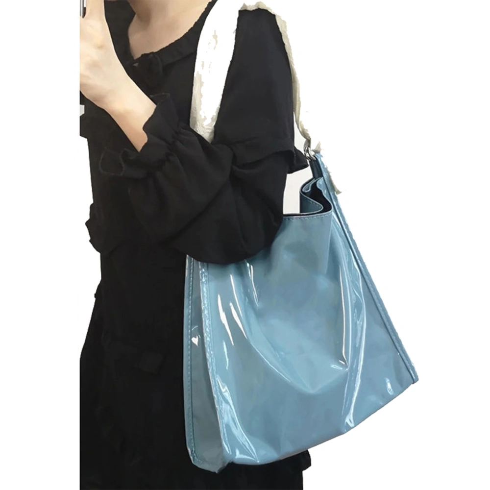 Women PU Shoulder Bag High Glossy Breathable Soft Cute Pattern Large Capacity Handbag Blue Free Size