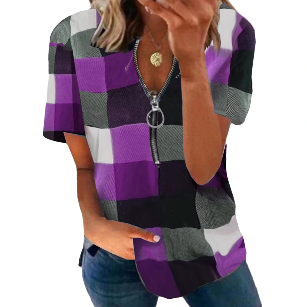 Short Sleeved Blouse Top Plaid Printed Half Zipper Loose Fitted Short Sleeved Blouse for Lady Purple M