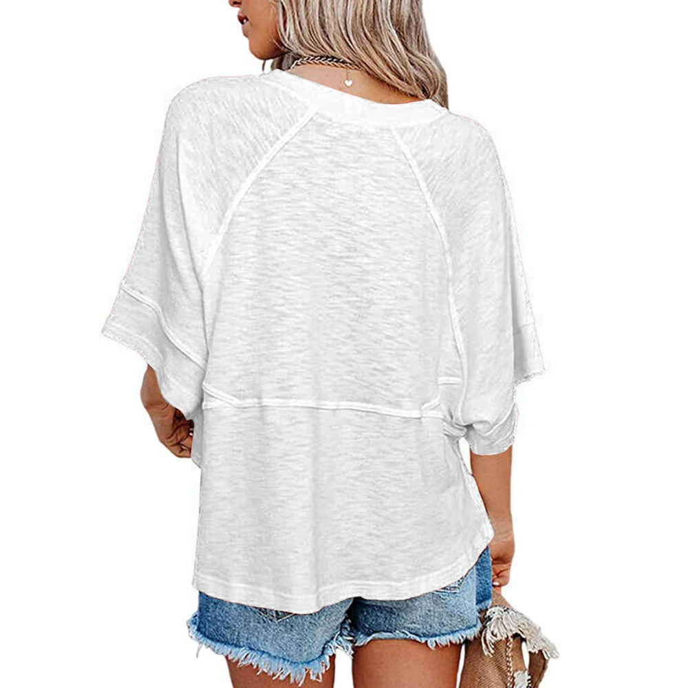 Women Summer Top Round Collar 3/4 Bell Sleeves Loose Fitting Pure Color Casual T Shirt White XL