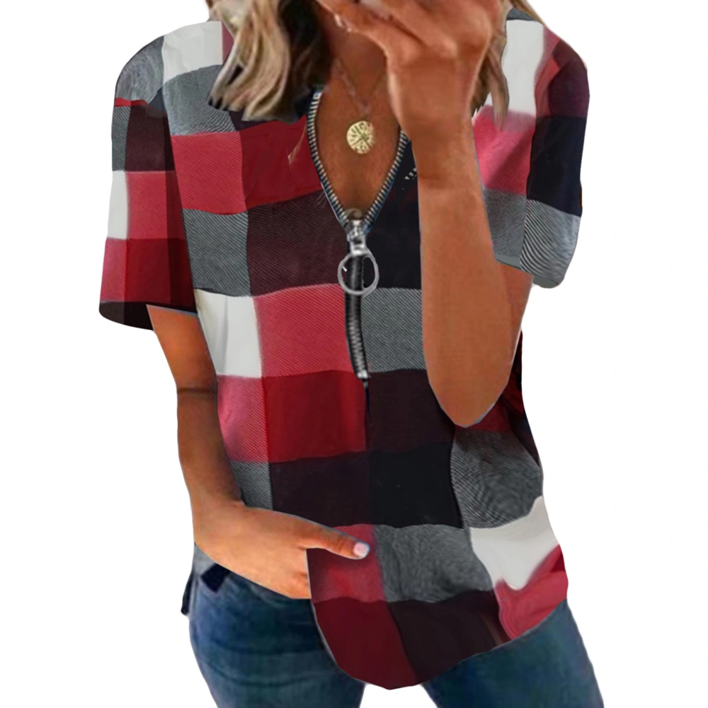 Short Sleeved Blouse Top Plaid Printed Half Zipper Loose Fitted Short Sleeved Blouse for Lady Red XL