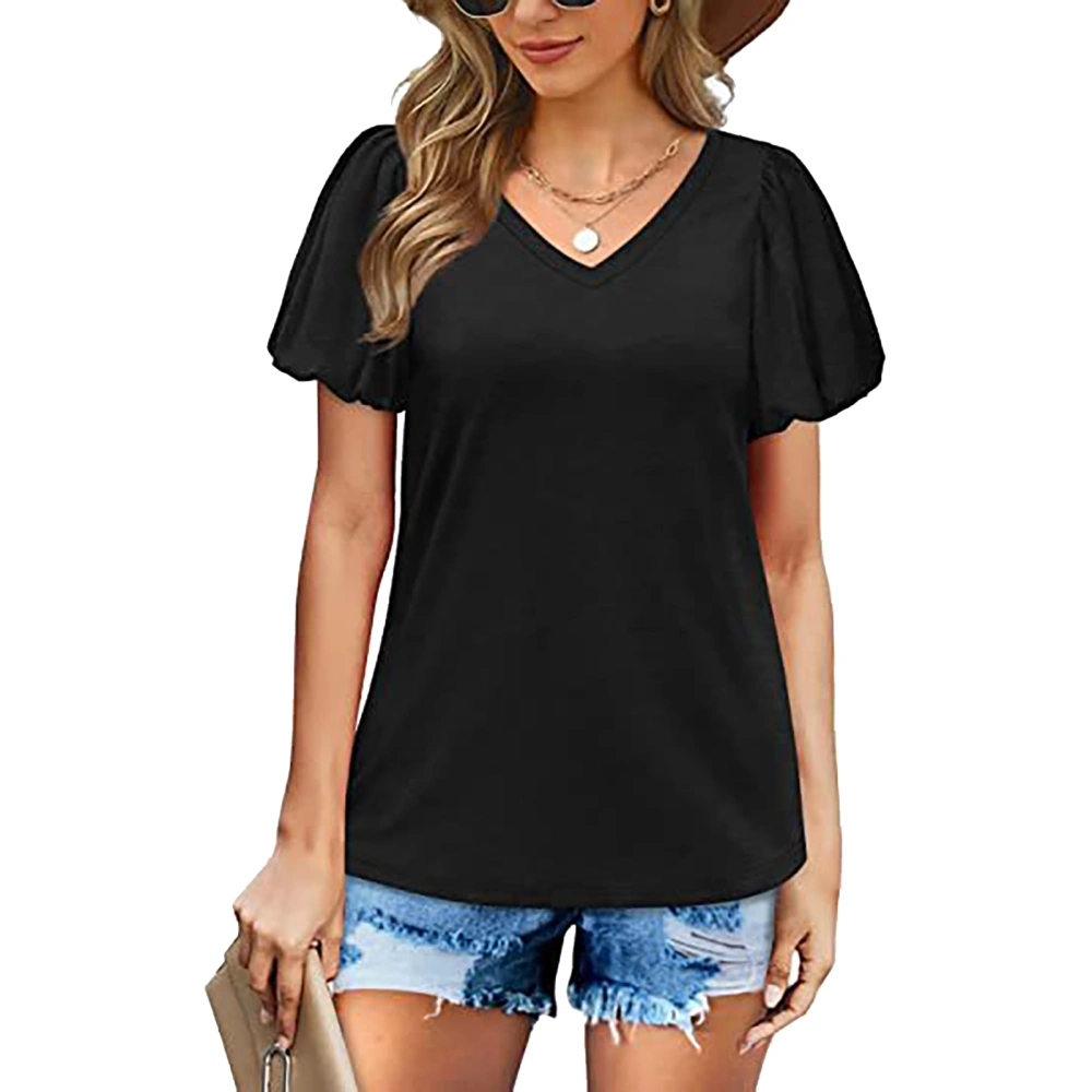 V Neck Tops Pure Color Soft Skin Friendly Puff Sleeve Tops Short Sleeves T Shirts for Shopping Daily Black XXL