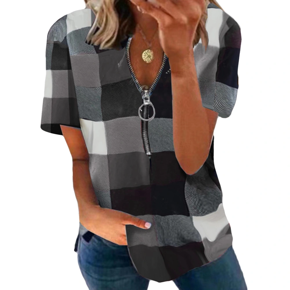 Short Sleeved Blouse Top Plaid Printed Half Zipper Loose Fitted Short Sleeved Blouse for Lady Grey XL