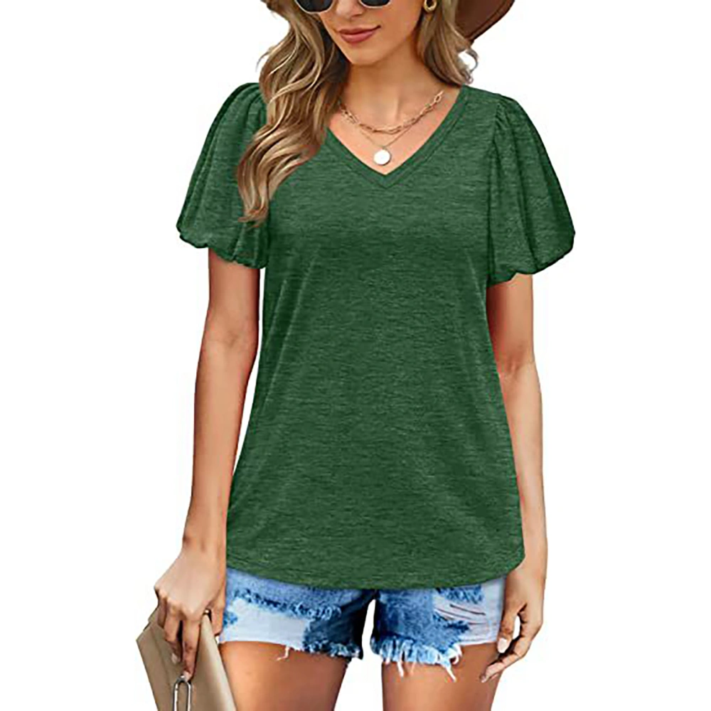 V Neck Tops Pure Color Soft Skin Friendly Puff Sleeve Tops Short Sleeves T Shirts for Shopping Daily Green M