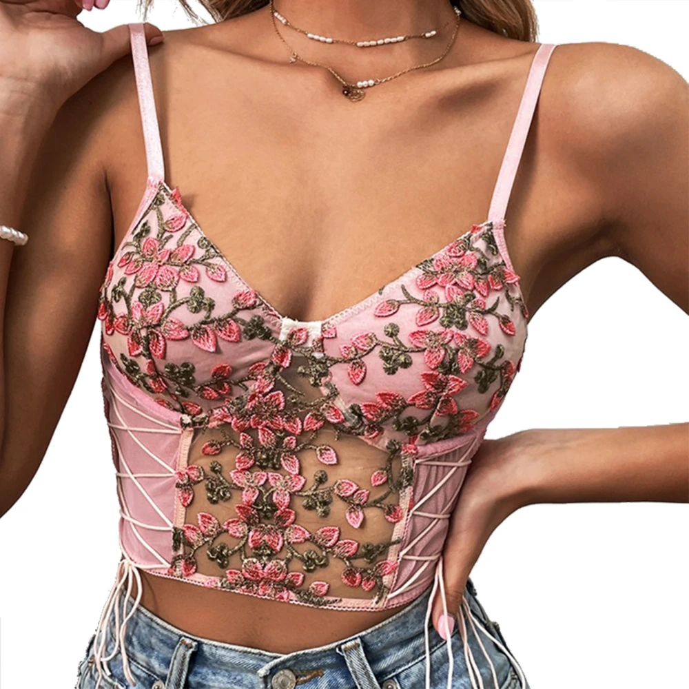 Women V Neck Mesh Splicing Floral Embroidery Camisole Elegant Side Lace Up Spaghetti Strap Tank Top Pink M