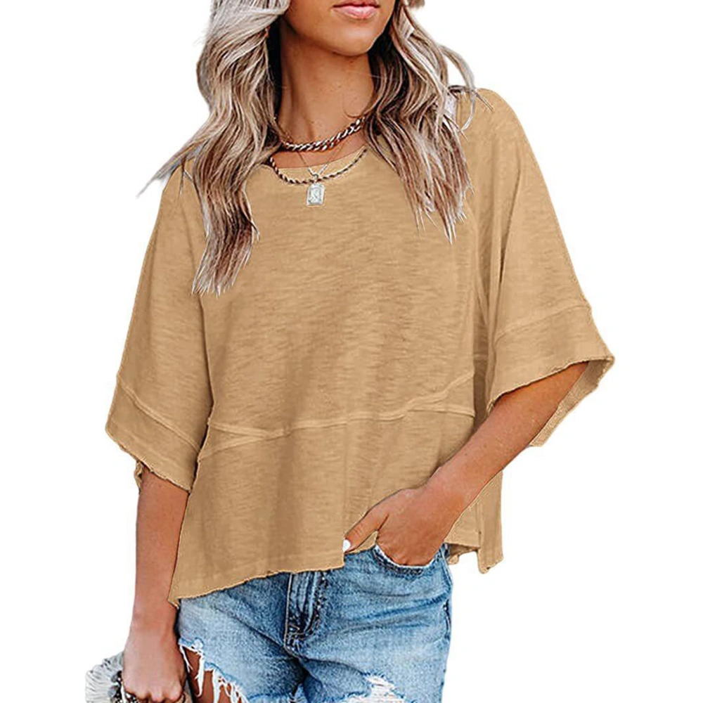 Women Summer Top Round Collar 3/4 Bell Sleeves Loose Fitting Pure Color Casual T Shirt Khaki M