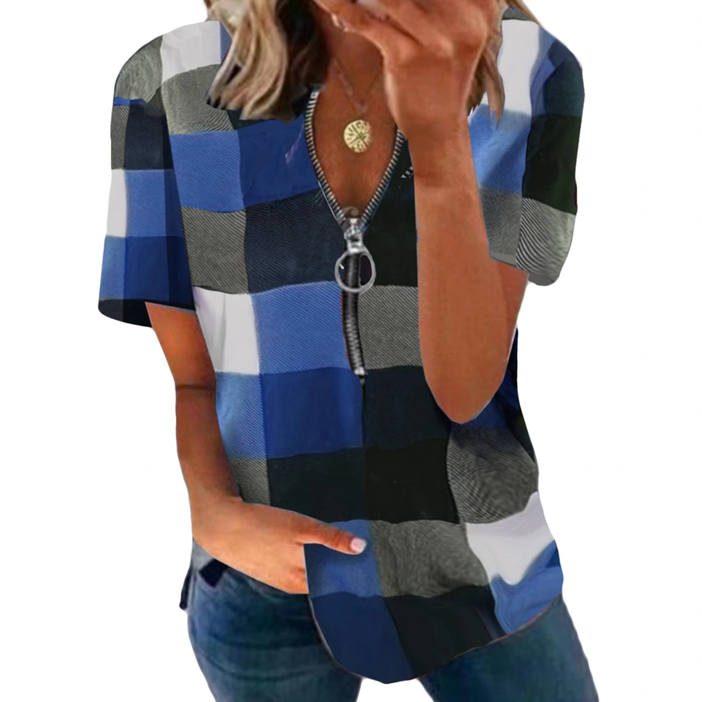 Short Sleeved Blouse Top Plaid Printed Half Zipper Loose Fitted Short Sleeved Blouse for Lady Blue S