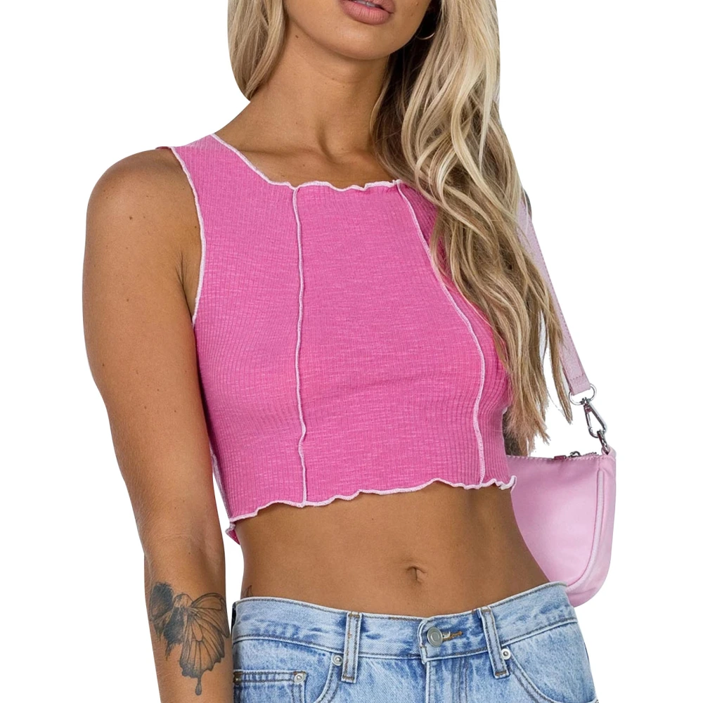 Round Neck Crop Top Versatile Sleeveless Breathable Racer Back Tank Tops for Women Girls Pink XL