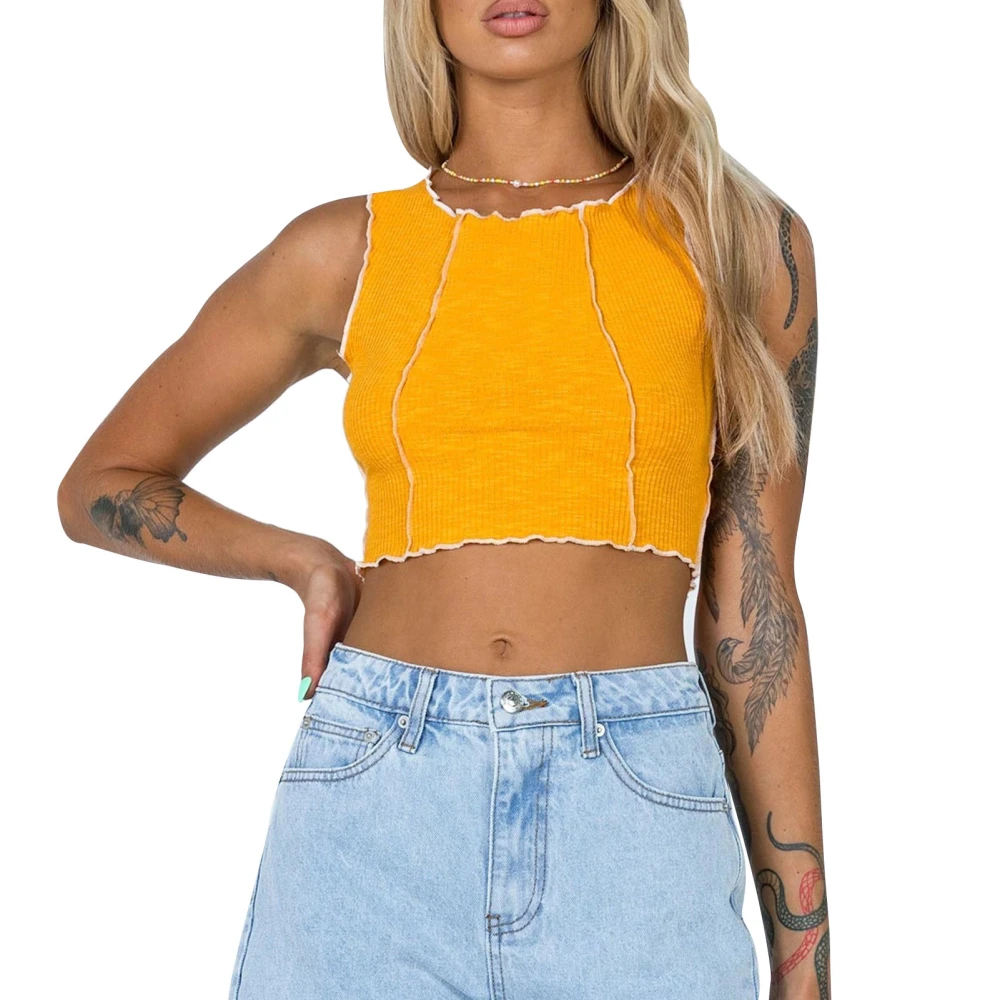 Round Neck Crop Top Versatile Sleeveless Breathable Racer Back Tank Tops for Women Girls Yellow M